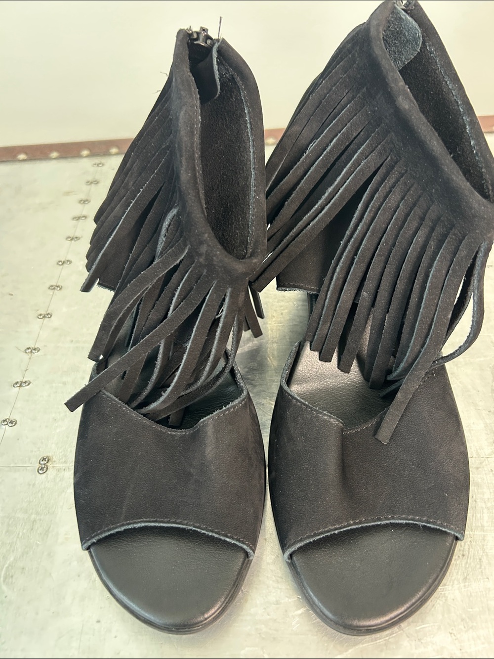 Arche Black Suede Fringe Open-Toe Heels